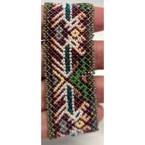 Handmade Vtg Deer Cold Beaded Cuff Bracelet Tapestry Animal Boho 1" Wide Woven